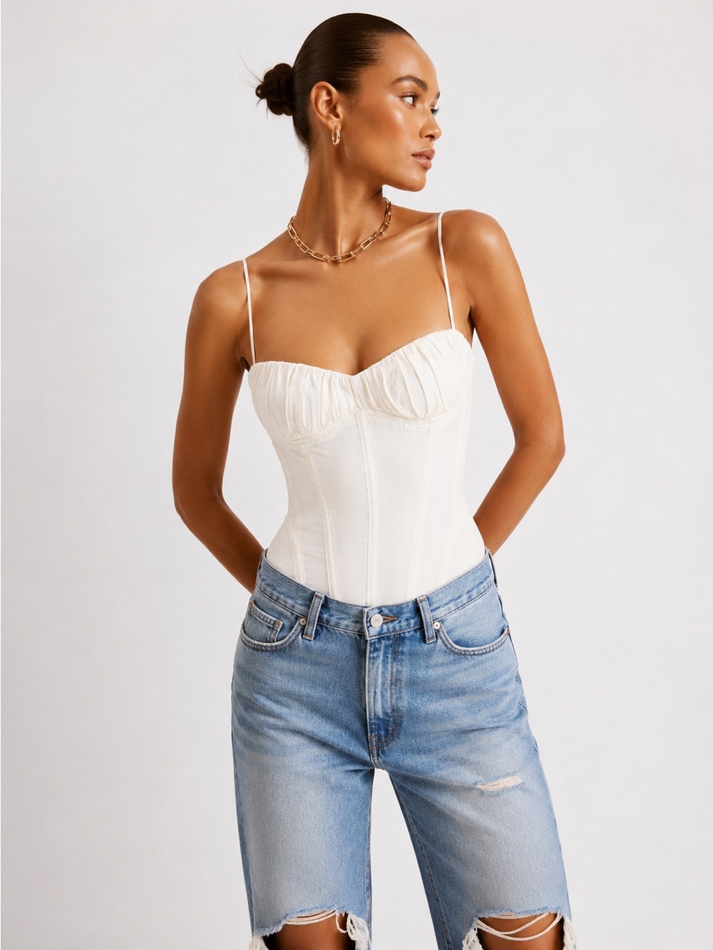 ZARA Ivory Cream Corset Bodysuit Ruched Bust Bustier Cami Strappy Top Size S Y2K